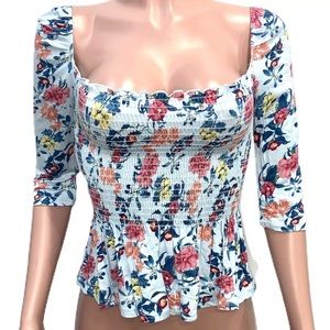 Blue Floral Girly Smocked Puff Sleeve Top New